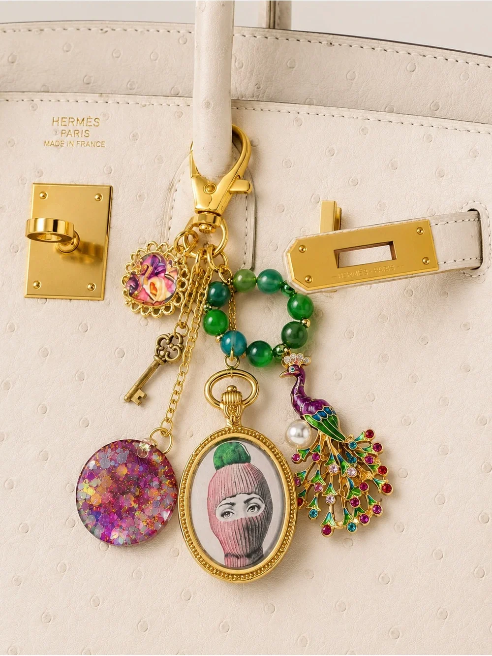 ✨Fornasetti Style Gold Vermeil Bag Charm Keychain | Italian Art Face Motif Y2K